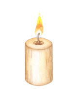 Rustic cylindrical burning candle watercolor illustration. Isolated from the background. The candle has a warm, natural tone and is perfect for adding a cozy touch to any design. png