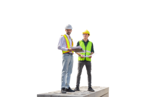 Engineer and foreman worker checking project at building site, Engineer and builders in hardhats discussing on construction site png