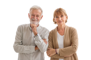 Portrait of a happy senior couple standing and looking at the camera, Joyful nice elderly couple smiling while being in a great mood, Elderly couple concepts png