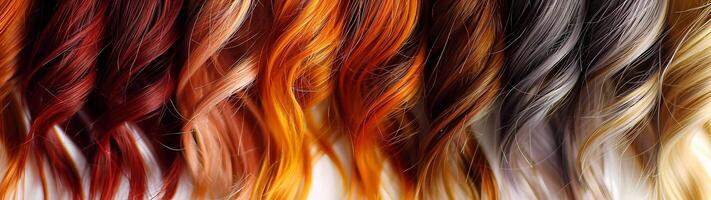 A collection of long, wavy hair extensions in an array of vibrant colors like reds, oranges, browns, and yellows photo