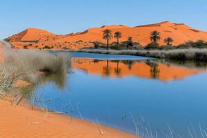 An oasis with calm waters reflects sand dunes and palm trees, contrasting sharply against the blue sky and orange desert hues photo