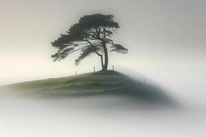 A lone tree crowns an eminence in a minimalist landscape, enveloped in green and gray fog, creating a serene and ethereal scene photo