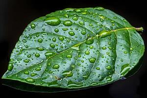 A vibrant green leaf adorned with water droplets stands out against a black background, highlighting nature's beauty and vitality photo