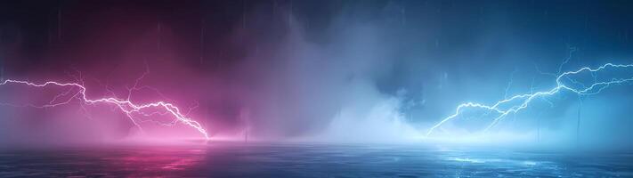 Neon blue and pink lightning crackles over water in a foggy, dark atmosphere photo