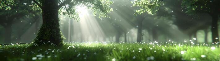 In a peaceful forest clearing, the sunlight filters through the canopy of trees, casting dappled shadows on the lush green grass and delicate white flowers, creating an enchanting and tranquil scene photo