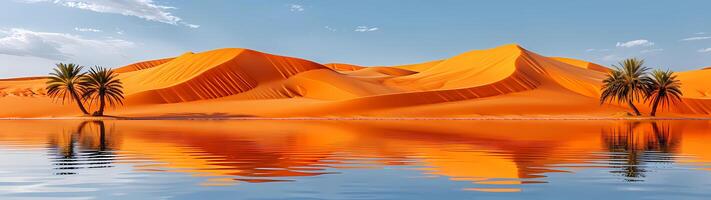 A stunning desert landscape features orange dunes and palm trees reflected in the serene waters of an oasis photo