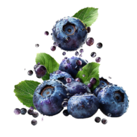 Fresh ripe bilberry and green leaf flying isolated on transparent background png