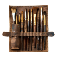 A leather case of fine art brushes isolated on transparent background png