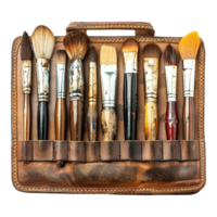 A leather case of fine art brushes isolated on transparent background png