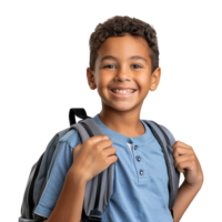 A boy smiling as he smiles with a backpack isolated on transparent background png