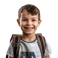 A boy smiling as he smiles with a backpack isolated on transparent background png