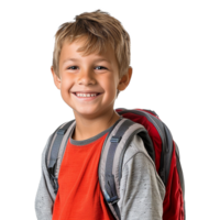 A boy smiling as he smiles with a backpack isolated on transparent background png