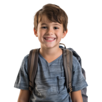 A boy smiling as he smiles with a backpack isolated on transparent background png