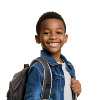 A boy smiling as he smiles with a backpack isolated on transparent background png