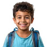 A boy smiling as he smiles with a backpack isolated on transparent background png