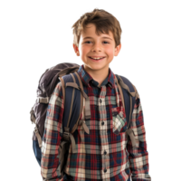 A boy smiling as he smiles with a backpack isolated on transparent background png