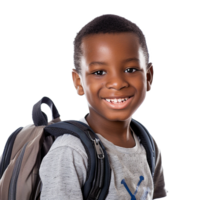 A boy smiling as he smiles with a backpack isolated on transparent background png