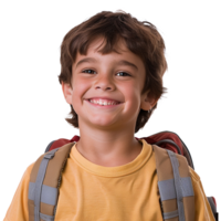 A boy smiling as he smiles with a backpack isolated on transparent background png