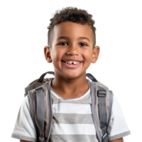 A boy smiling as he smiles with a backpack isolated on transparent background png