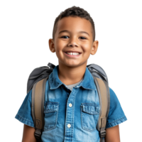 A boy smiling as he smiles with a backpack isolated on transparent background png