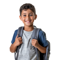 A boy smiling as he smiles with a backpack isolated on transparent background png