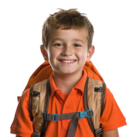 A boy smiling as he smiles with a backpack isolated on transparent background png