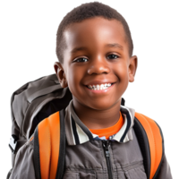 A boy smiling as he smiles with a backpack isolated on transparent background png