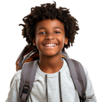A boy smiling as he smiles with a backpack isolated on transparent background png