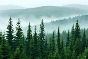 A panoramic view of the forest reveals dense green pine trees with mist rising from their tops, set against rolling hills photo
