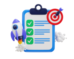 3d clipboard with todo checklist target on aim with rocket for self growth icon illustration png