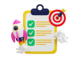 3d clipboard with todo checklist target on aim with rocket for self growth icon illustration png