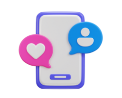 3d smart phone with speech bubble icon concept of social media user and like icon 3d rendering illustration png