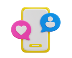3d smart phone with speech bubble icon concept of social media user and like icon 3d rendering illustration png