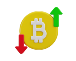 bitcoin with arrow down and up value loss or growth Icon of exchange on currency 3d render png