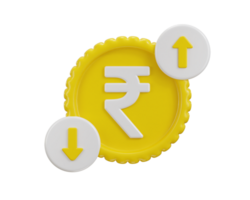 Rupee with arrow down and up. value loss or growth. Icon of exchange on currency 3d render png