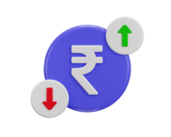 Rupee with arrow down and up. value loss or growth. Icon of exchange on currency 3d render png