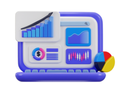 3d laptop with candles chart pie char area chart and graph icon concept of data analytics icon png