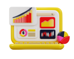 3d laptop with candles chart pie char area chart and graph icon concept of data analytics icon png