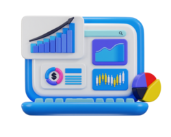 3d laptop with candles chart pie char area chart and graph icon concept of data analytics icon png