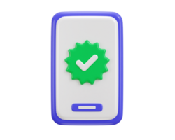 Smart phone with verified icon 3d render concept of accept, approve, agree on application icon png