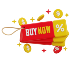 Buy now text with discount percentage tag icon 3d render concept of discount offer tag 3d icon png