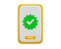 Smart phone with verified icon 3d render concept of accept, approve, agree on application icon png