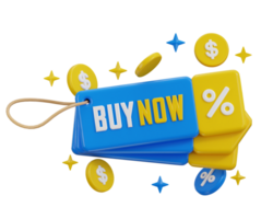 Buy now text with discount percentage tag icon 3d render concept of discount offer tag 3d icon png