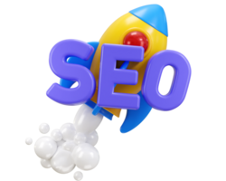3D SEO optimization icon with rocket for marketing social media concept of web analytics strategy and research planning icon png