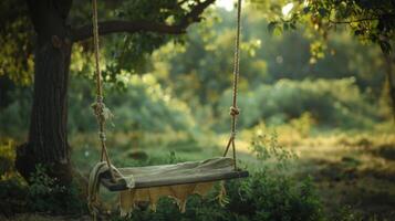 A rustic rope swing its frayed fabric fluttering in the strong gusts of wind photo