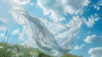 Wispy clouds float overhead as a light and airy fabric cascades down a nearby hill in the meadow photo