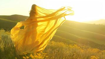 The peacefulness of a hilltop is juxtaposed with a wildly flapping yellow shawl photo