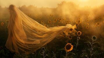 The way the fabric ebbs and flows in the breeze adds a dynamic element to the peacefulness of the sunflower field photo
