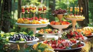 Colorful fruit skewers and fancy fruit salads add a burst of color to the natural earthy tones of the forest edge breakfast spread photo