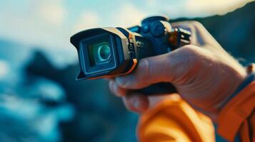 The sleek and compact design of an action camera is highlighted in a closeup shot emphasizing its portability and ability to capture action on the go photo